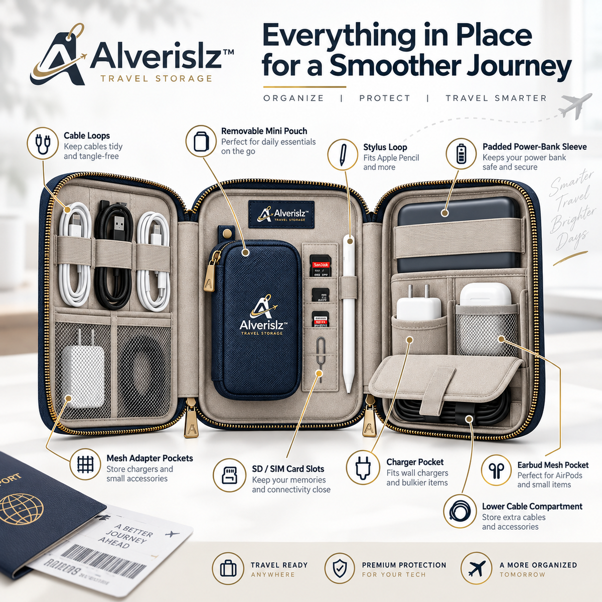 Alverislz™ Tech Accessories Organizer – Multi-Compartment Travel Electronics Case for Cables, Chargers, Power Banks & Digital Essentials