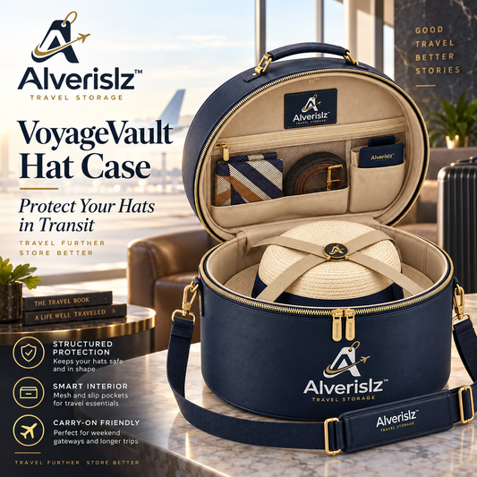 Alverislz™ VoyageVault Hat Case – Structured Travel Hat Carrier with Smart Interior Storage & Adjustable Shoulder Strap