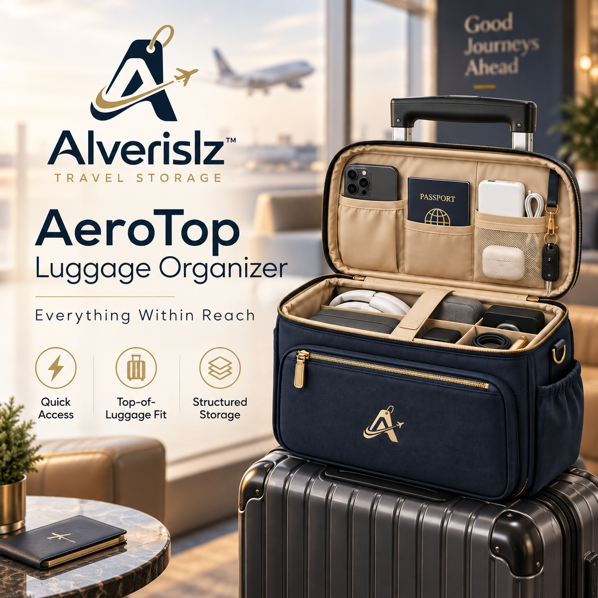 Alverislz™ AeroTop Luggage Organizer – Structured Top-of-Suitcase Travel Bag with Quick-Access Compartments & Trolley Sleeve