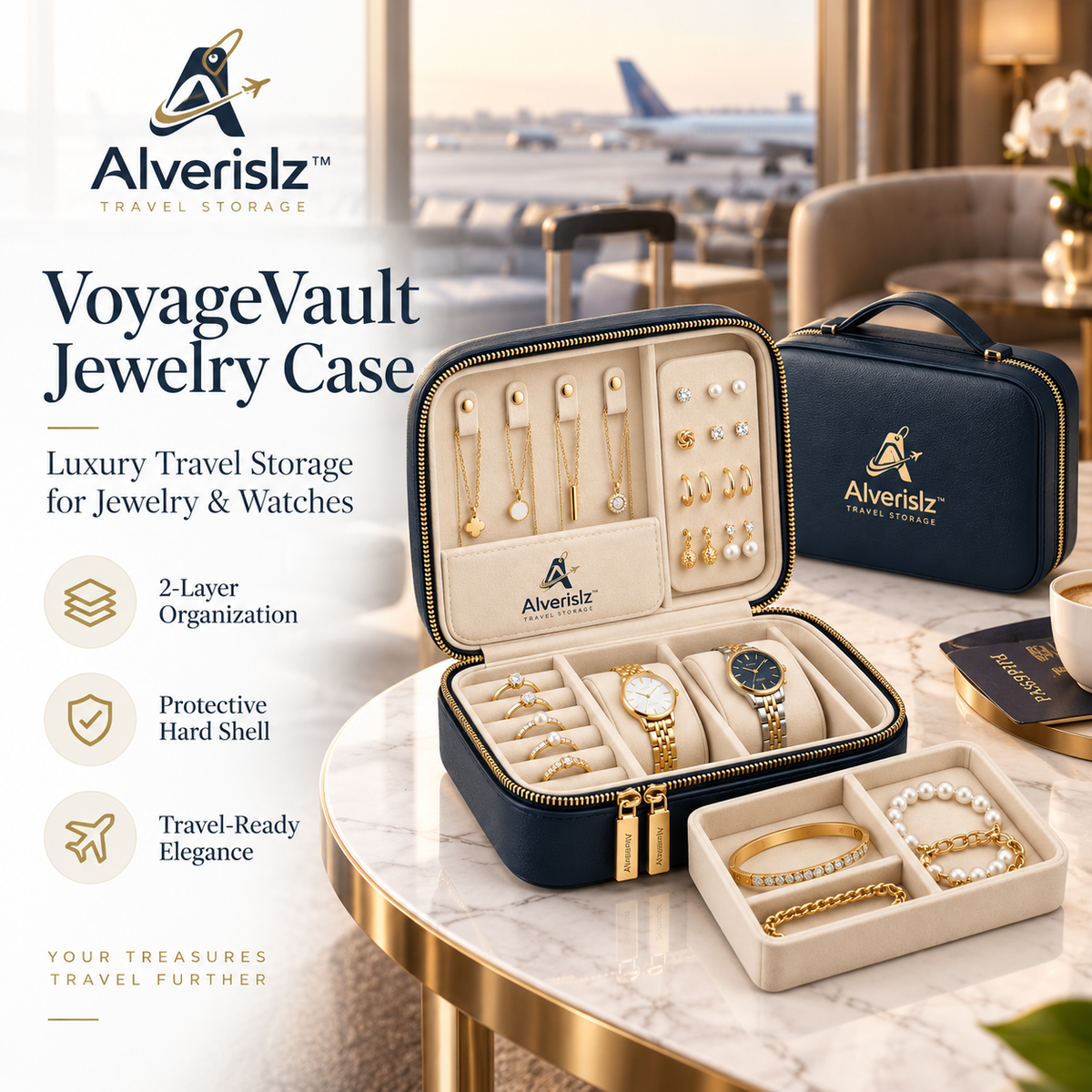 Alverislz™ VoyageVault Jewelry Case – 2-Layer Travel Organizer with Protective Hard Shell for Jewelry & Watches