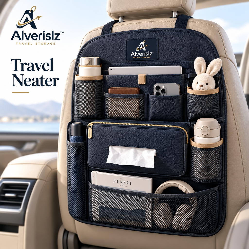 Alverislz™ Travel Neater Car Seat Organizer – Multi-Pocket Backseat Storage Organizer with Tablet Holder, Bottle Pockets & Tissue Compartment