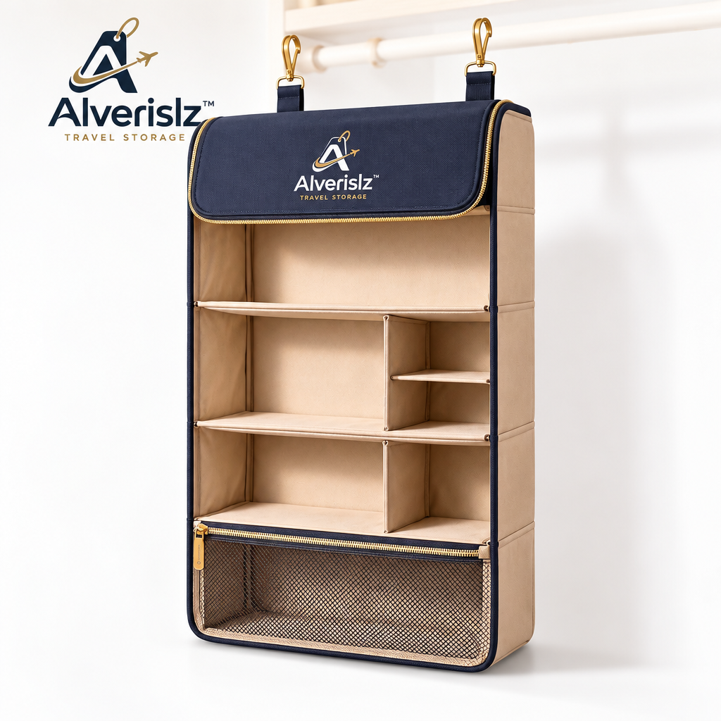 Alverislz™ SkyShelf Hanging Travel Organizer – Multi-Layer Closet Storage with Adjustable Compartments & Zippered Mesh Pocket