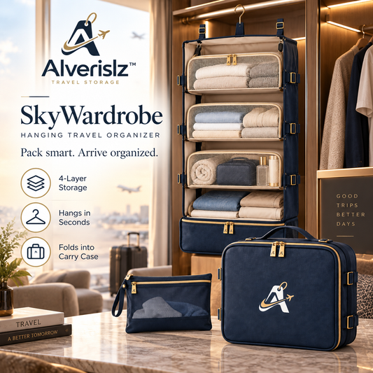 Alverislz™ SkyWardrobe Hanging Travel Organizer – 4-Layer Foldable Packing System with Mesh Compartments & Carry Case