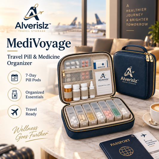Alverislz™ MediVoyage Travel Pill & Medicine Organizer – 7-Day Medication Case with Bottle Storage, Mesh Pockets & Protective Travel Case