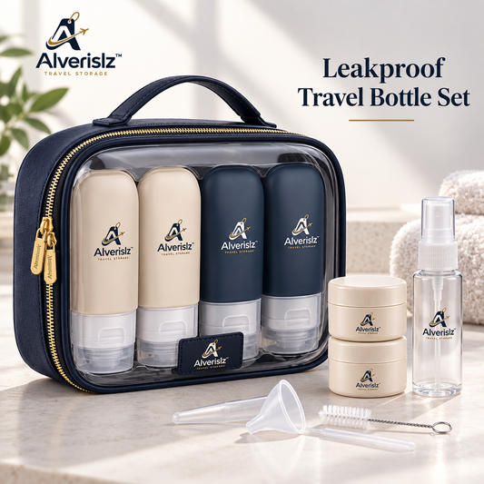 Alverislz™ Leakproof Travel Bottle Set – Refillable Toiletry Containers with Squeeze Bottles, Cream Jars, Spray Bottle & Clear Carry Case