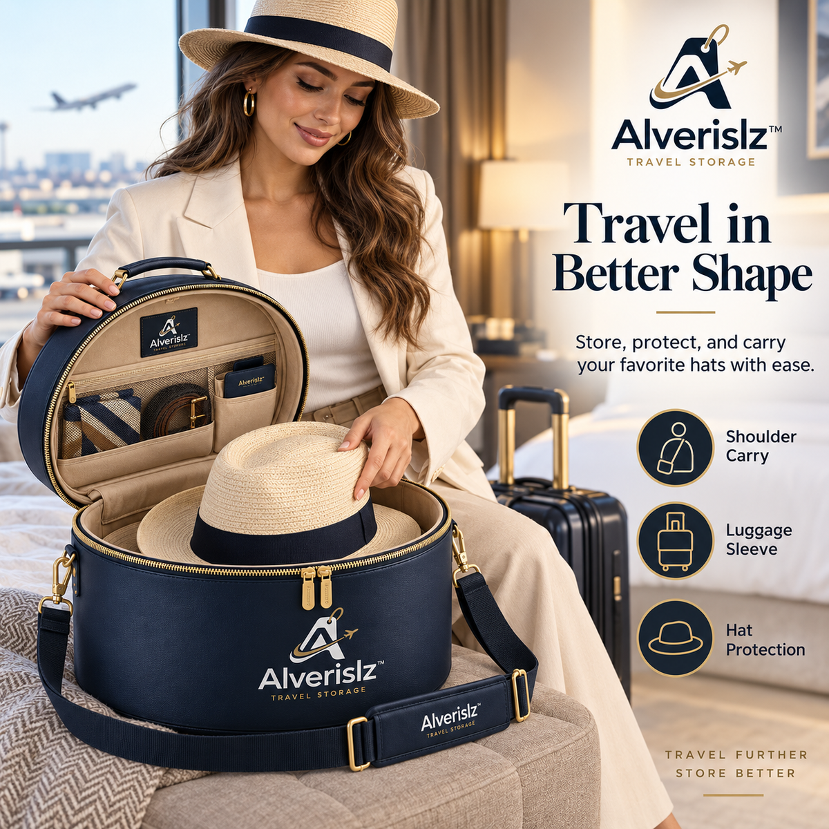Alverislz™ VoyageVault Hat Case – Structured Travel Hat Carrier with Smart Interior Storage & Adjustable Shoulder Strap
