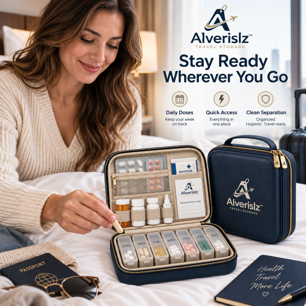 Alverislz™ MediVoyage Travel Pill & Medicine Organizer – 7-Day Medication Case with Bottle Storage, Mesh Pockets & Protective Travel Case