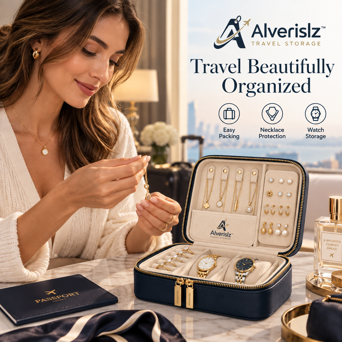 Alverislz™ VoyageVault Jewelry Case – 2-Layer Travel Organizer with Protective Hard Shell for Jewelry & Watches