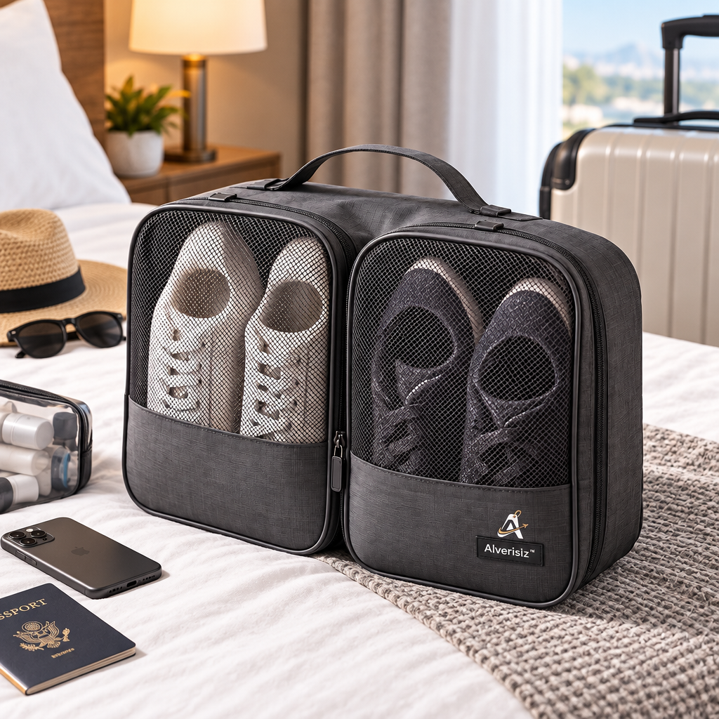 Alverislz™ Travel Shoe Bag – Dual-Compartment Shoe Organizer with Breathable Mesh Panels & Carry Handle