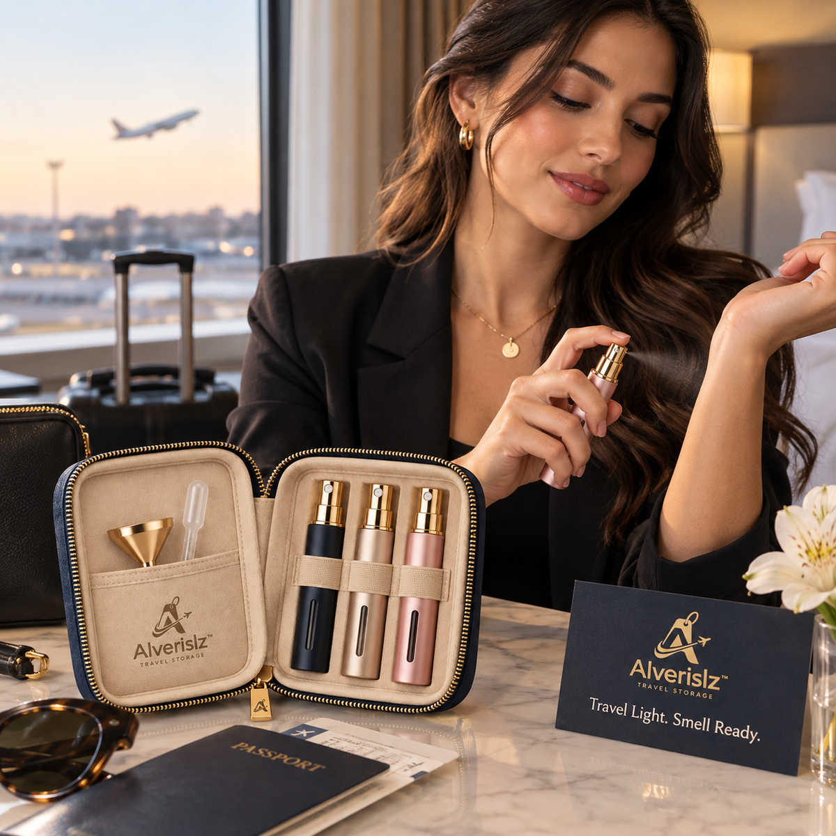 Alverislz™ ScentVoyage Perfume Atomizer Case – Refillable Travel Fragrance Bottle Set with Protective Storage Case, Funnel & Dropper