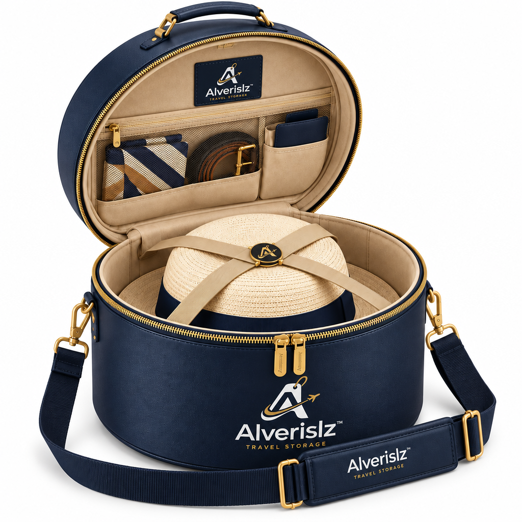 Alverislz™ VoyageVault Hat Case – Structured Travel Hat Carrier with Smart Interior Storage & Adjustable Shoulder Strap