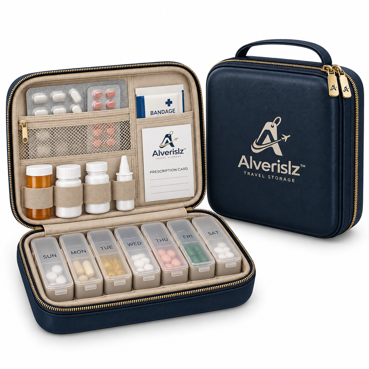 Alverislz™ MediVoyage Travel Pill & Medicine Organizer – 7-Day Medication Case with Bottle Storage, Mesh Pockets & Protective Travel Case