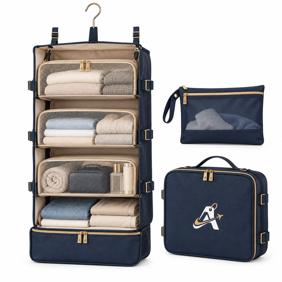 Alverislz™ SkyWardrobe Hanging Travel Organizer – 4-Layer Foldable Packing System with Mesh Compartments & Carry Case