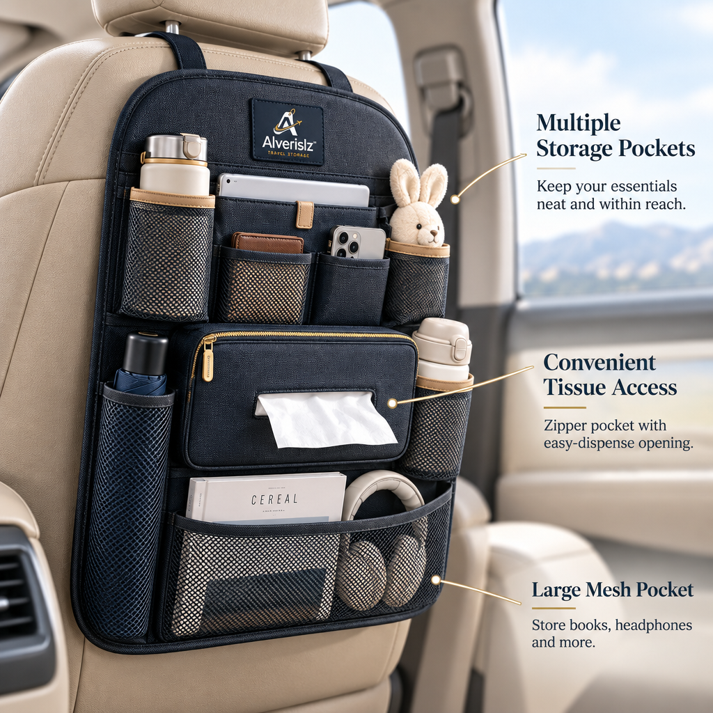 Alverislz™ Travel Neater Car Seat Organizer – Multi-Pocket Backseat Storage Organizer with Tablet Holder, Bottle Pockets & Tissue Compartment
