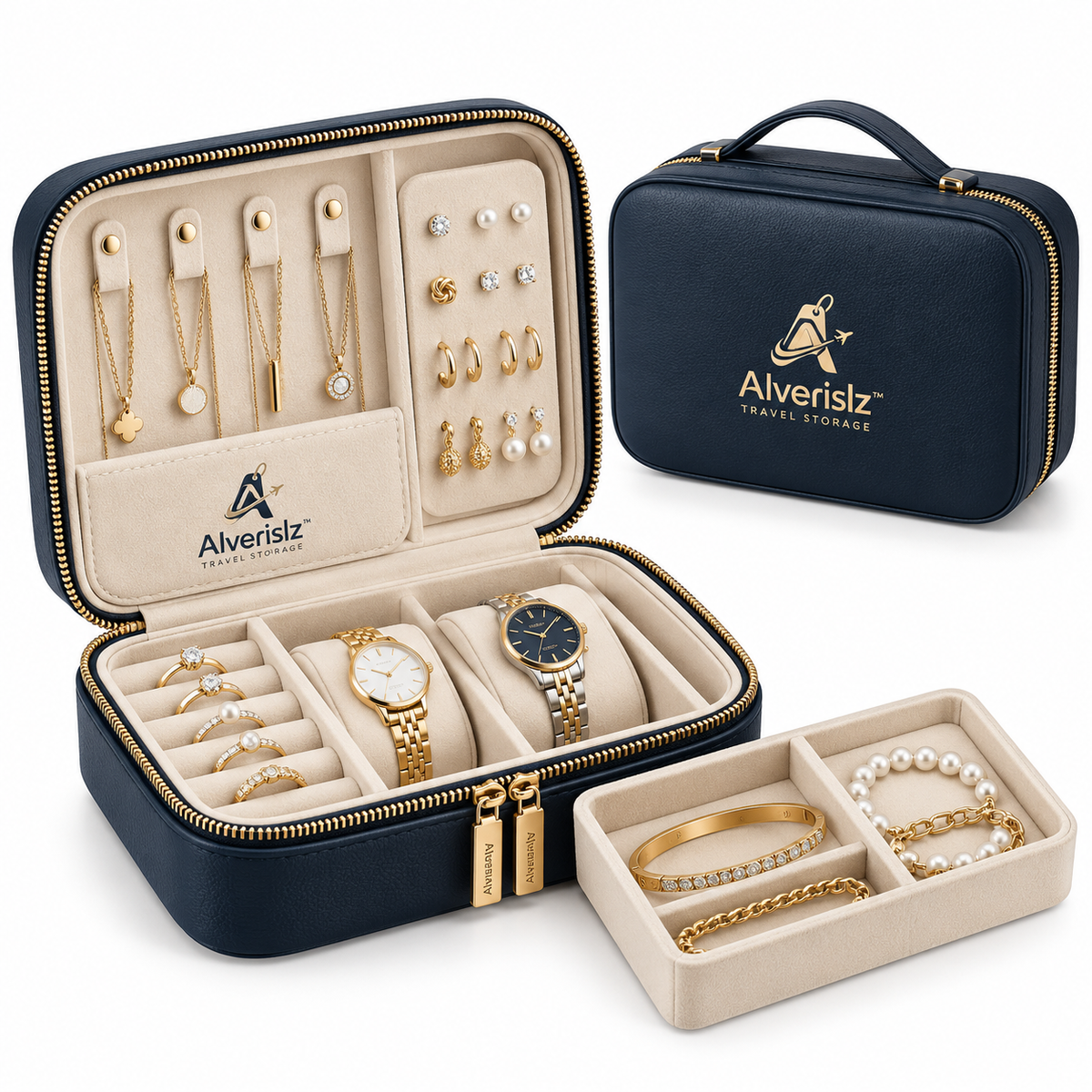 Alverislz™ VoyageVault Jewelry Case – 2-Layer Travel Organizer with Protective Hard Shell for Jewelry & Watches