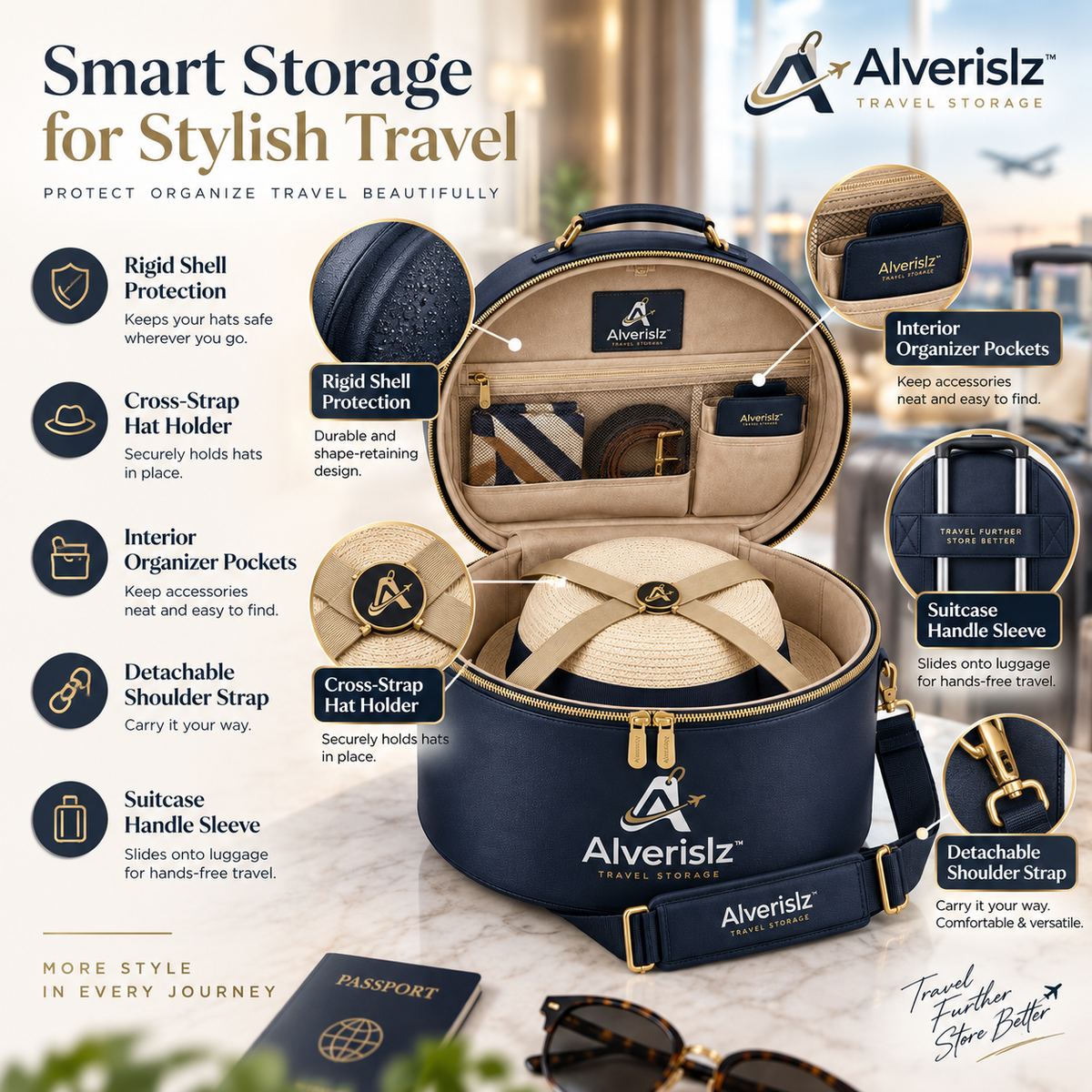 Alverislz™ VoyageVault Hat Case – Structured Travel Hat Carrier with Smart Interior Storage & Adjustable Shoulder Strap