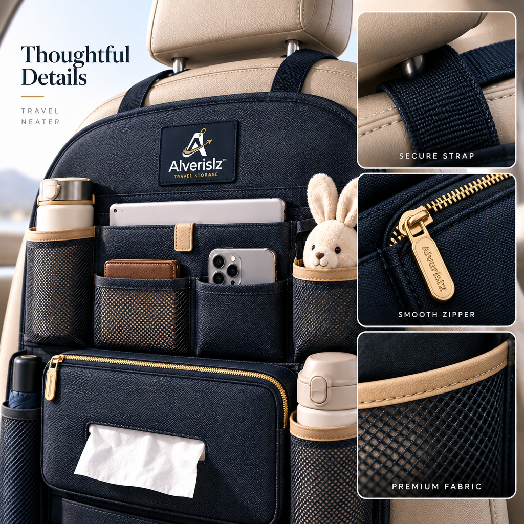 Alverislz™ Travel Neater Car Seat Organizer – Multi-Pocket Backseat Storage Organizer with Tablet Holder, Bottle Pockets & Tissue Compartment
