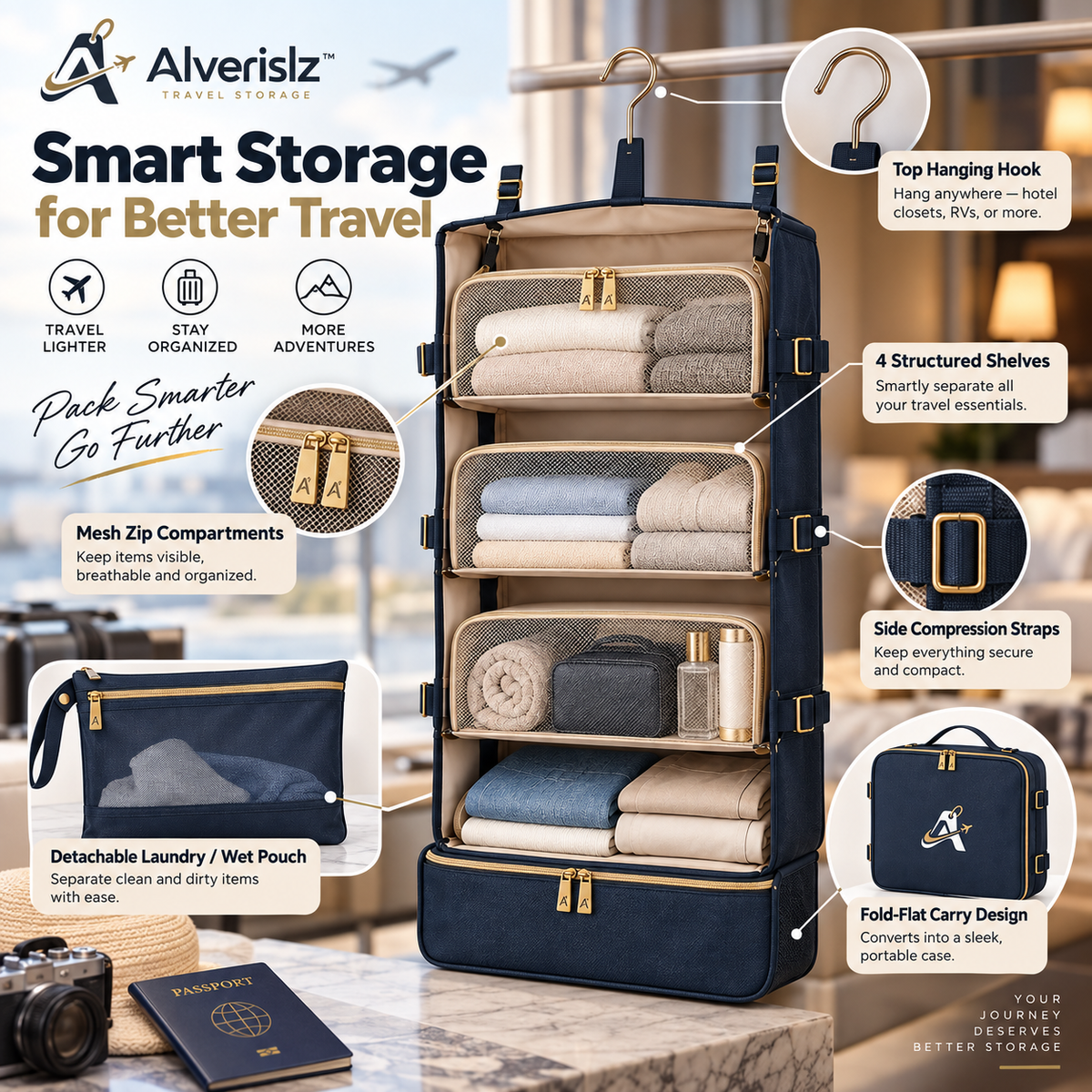 Alverislz™ SkyWardrobe Hanging Travel Organizer – 4-Layer Foldable Packing System with Mesh Compartments & Carry Case