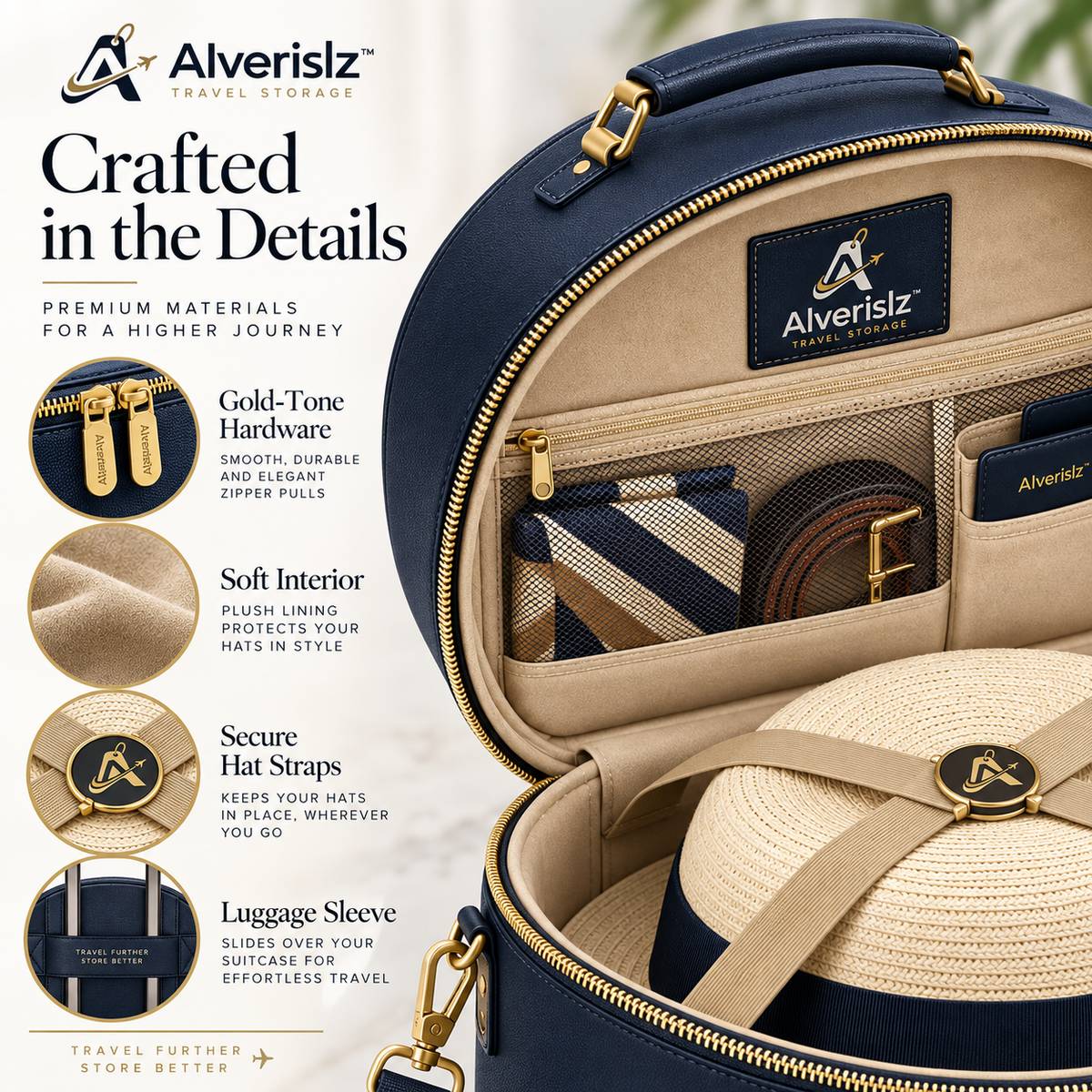 Alverislz™ VoyageVault Hat Case – Structured Travel Hat Carrier with Smart Interior Storage & Adjustable Shoulder Strap