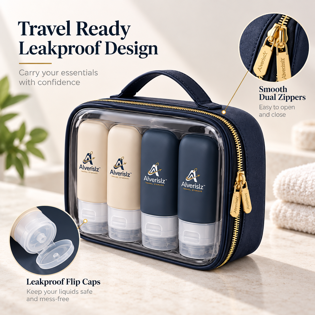 Alverislz™ Leakproof Travel Bottle Set – Refillable Toiletry Containers with Squeeze Bottles, Cream Jars, Spray Bottle & Clear Carry Case