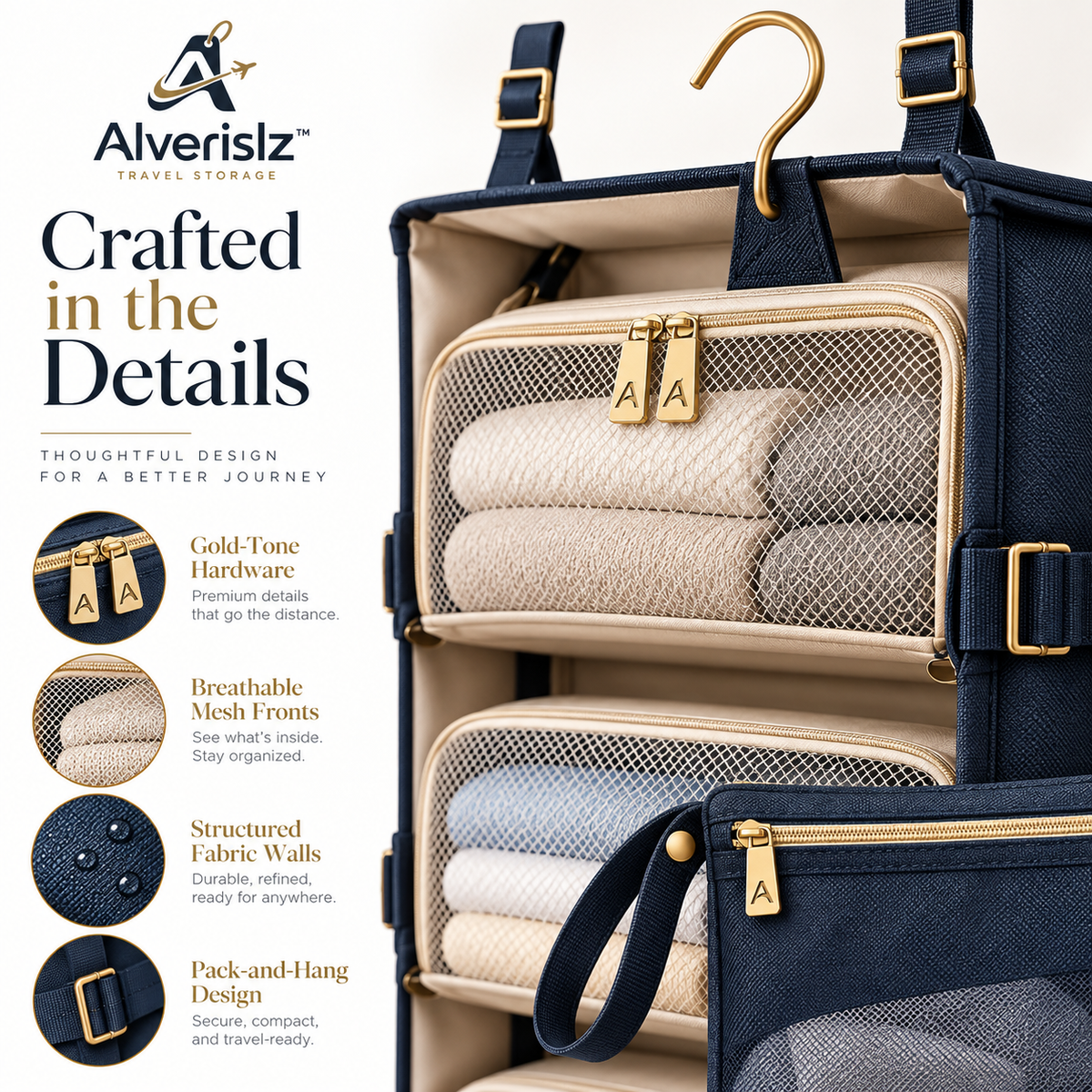 Alverislz™ SkyWardrobe Hanging Travel Organizer – 4-Layer Foldable Packing System with Mesh Compartments & Carry Case