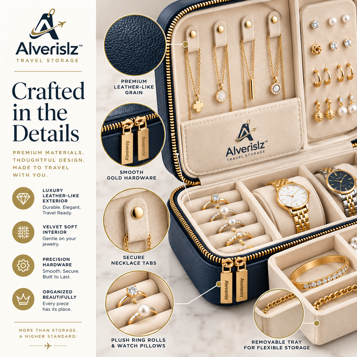 Alverislz™ VoyageVault Jewelry Case – 2-Layer Travel Organizer with Protective Hard Shell for Jewelry & Watches