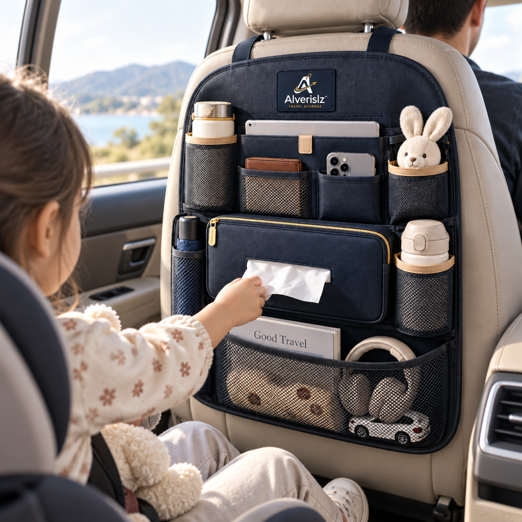 Alverislz™ Travel Neater Car Seat Organizer – Multi-Pocket Backseat Storage Organizer with Tablet Holder, Bottle Pockets & Tissue Compartment