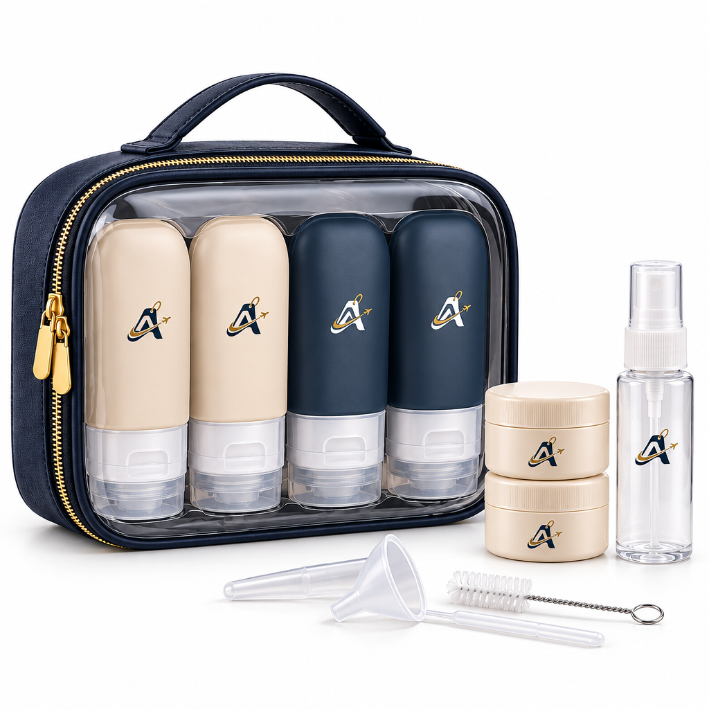 Alverislz™ Leakproof Travel Bottle Set – Refillable Toiletry Containers with Squeeze Bottles, Cream Jars, Spray Bottle & Clear Carry Case