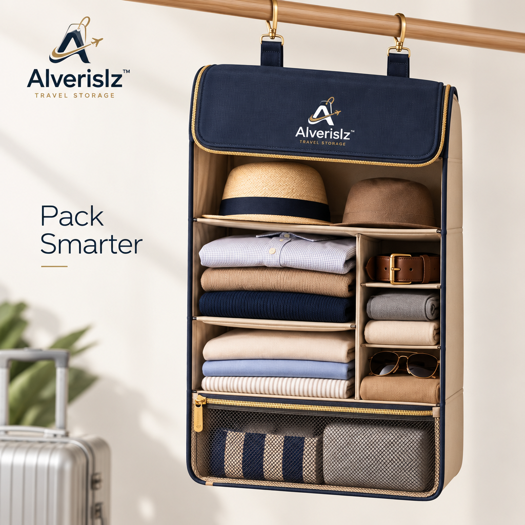 Alverislz™ SkyShelf Hanging Travel Organizer – Multi-Layer Closet Storage with Adjustable Compartments & Zippered Mesh Pocket